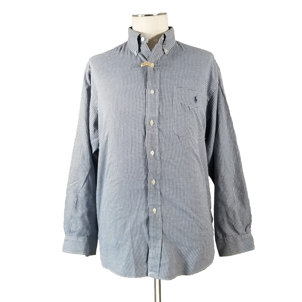 Ralph Lauren Button Up Mens M Blue Tilden Golf Check Cotton Long Sleeve Shirt